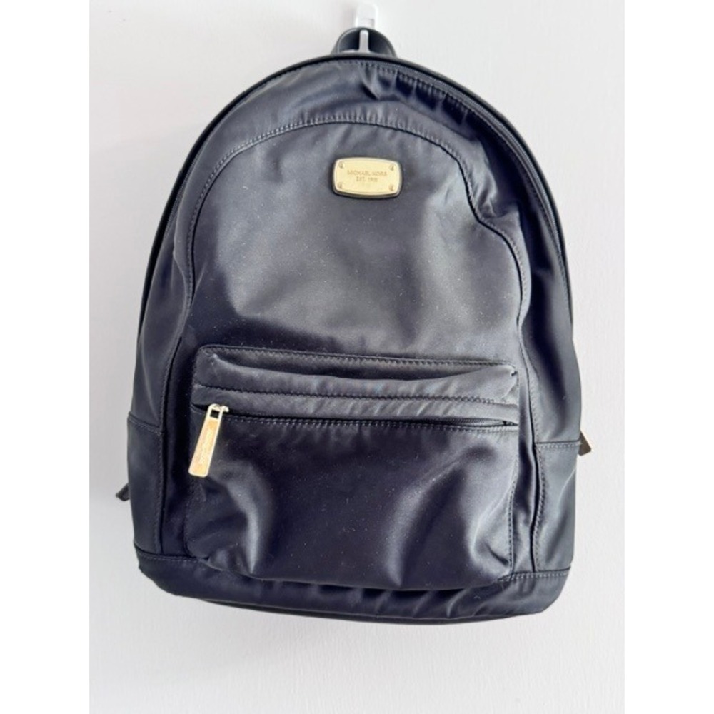 Michael Kors Black Nylon Backpack Gold Hardware Logo Plaque Travel Bag